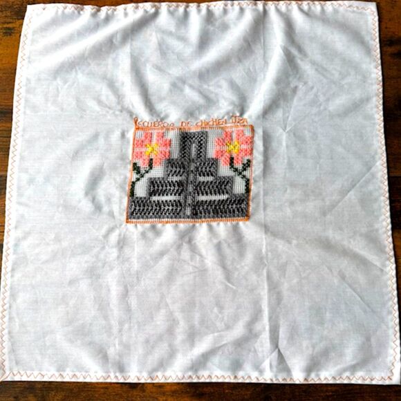 VTG Handmade Multicolor Cross-Stitch 18X18 Linen Mayan Ruins Primitive Decor Art - Picture 2 of 12